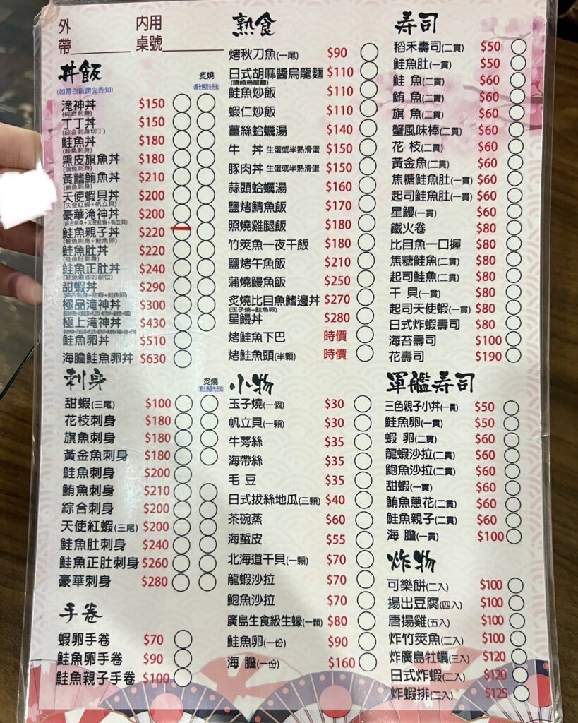 滝神 平價生魚片丼食菜單