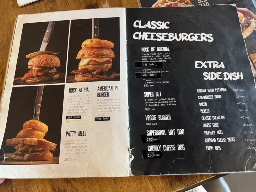 Rock Me Burger menu