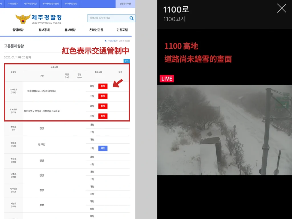 濟州島 1100 高地即時交通狀況，警察廳顯示道路管制