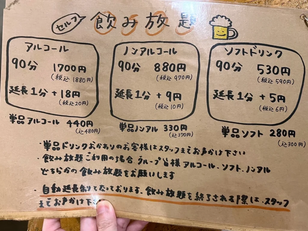 yakiniku horumon tanaya 飲料放題菜單