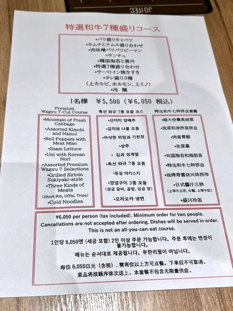 福岡藥院燒肉 特選和牛七種拼盤菜單