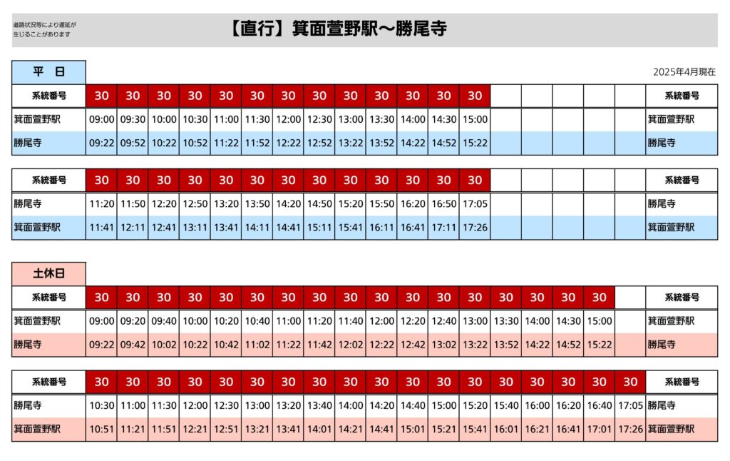 勝尾寺 30 號巴士時刻表